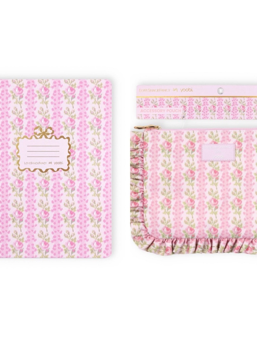 LOVE SHACK FANCY School notebook & Yoobi Pink Floral Ruffle case
